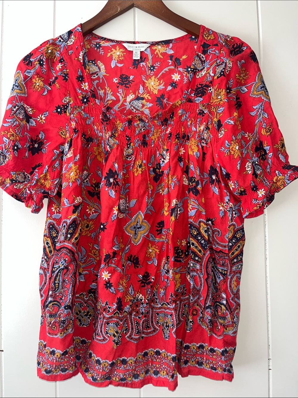 Lucky Brand Red Floral Paisley Smocked Peasant Blouse